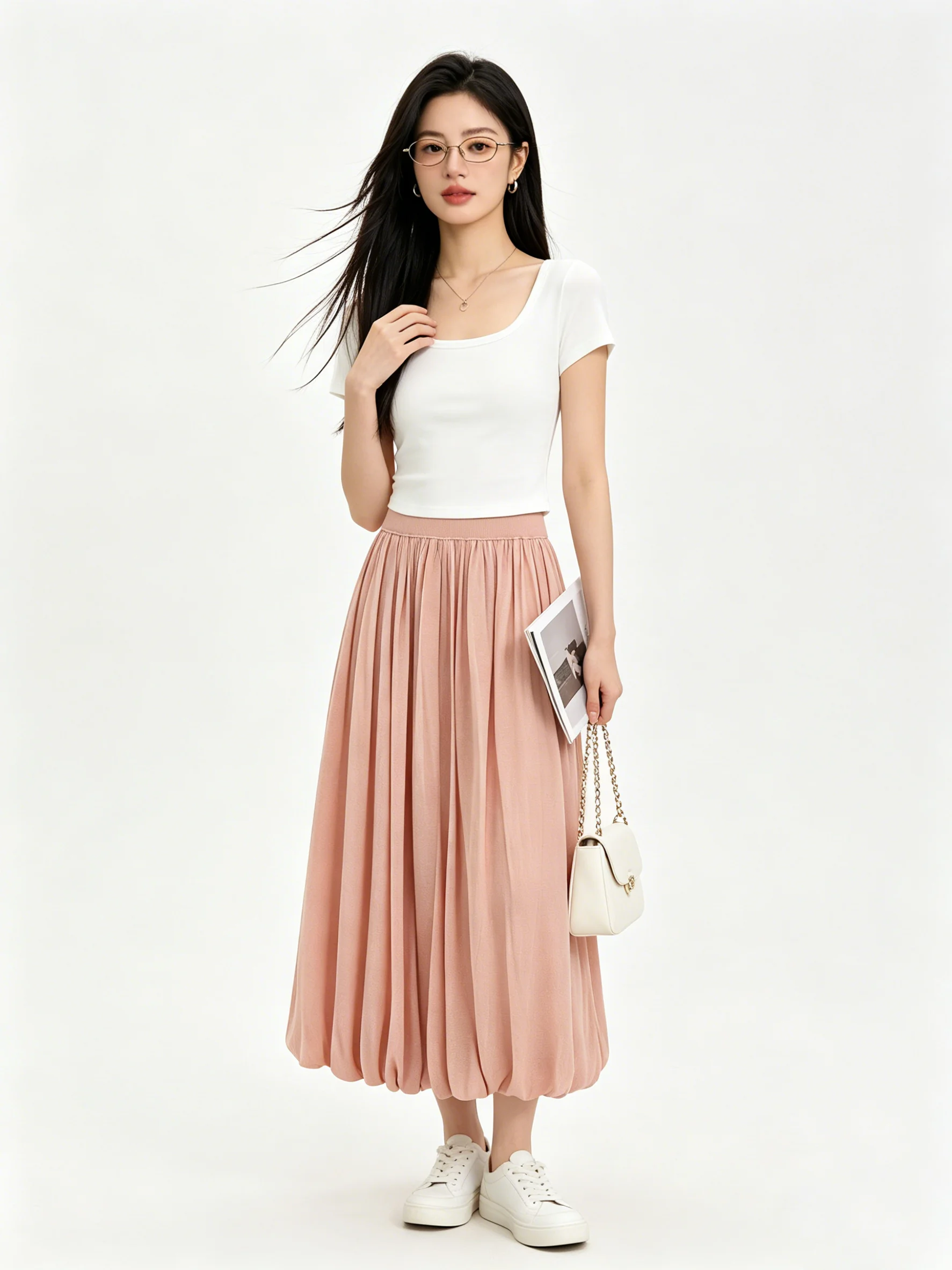 

Skin-friendly Breathable High-waist A-line Midi Skirt Elastic Waist Flower Bud Romance Style Korean Anti-aging Half-length Skirt
