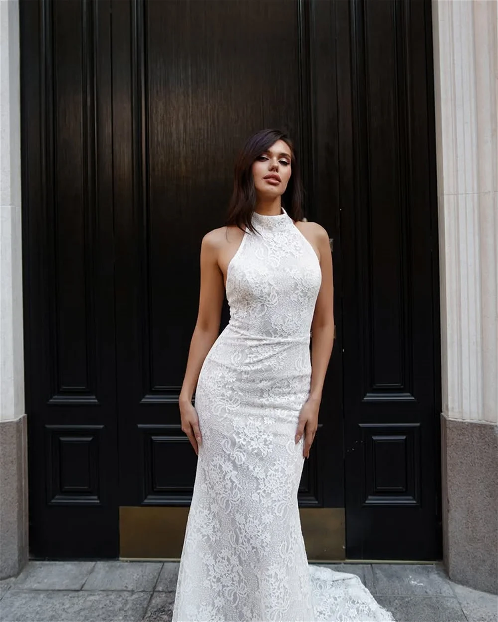 Mermaid Halter Neck Wedding Dress Full Lace Backless Gown with Long Train Customizable Evening Gown for Brides