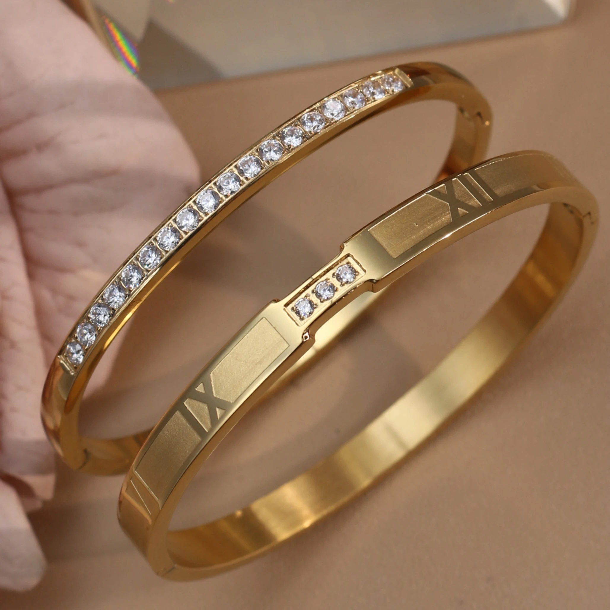 CNC Zircon Roman Numeral Stainless Steel Bracelet Plated With 18 K Gold, Wholesale Jewelry For Women, Birthday Gift