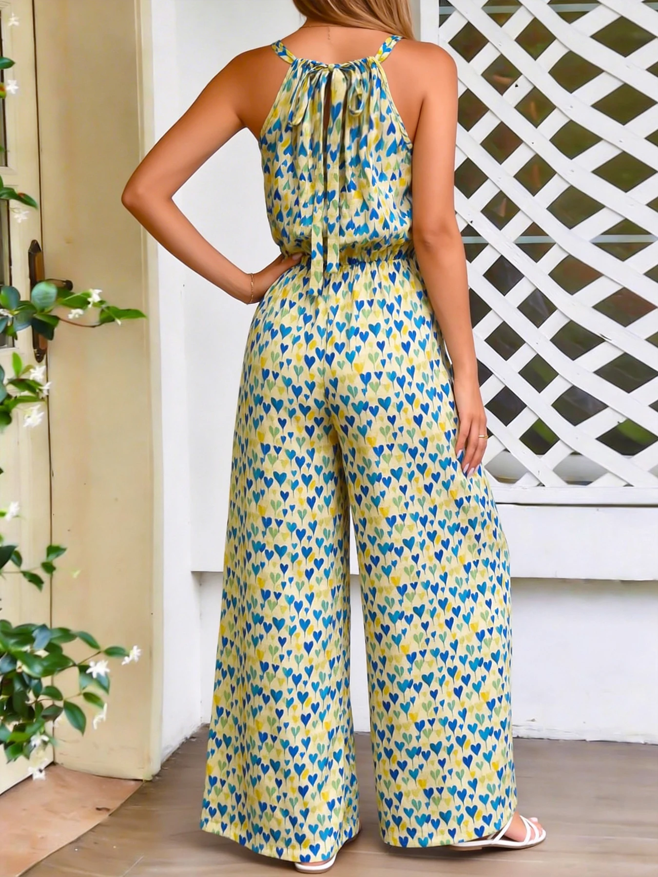 Women's Yellow Blue Green Heart Print Halter Jumpsuit Waist-Tie Wide-Leg Resort view 2