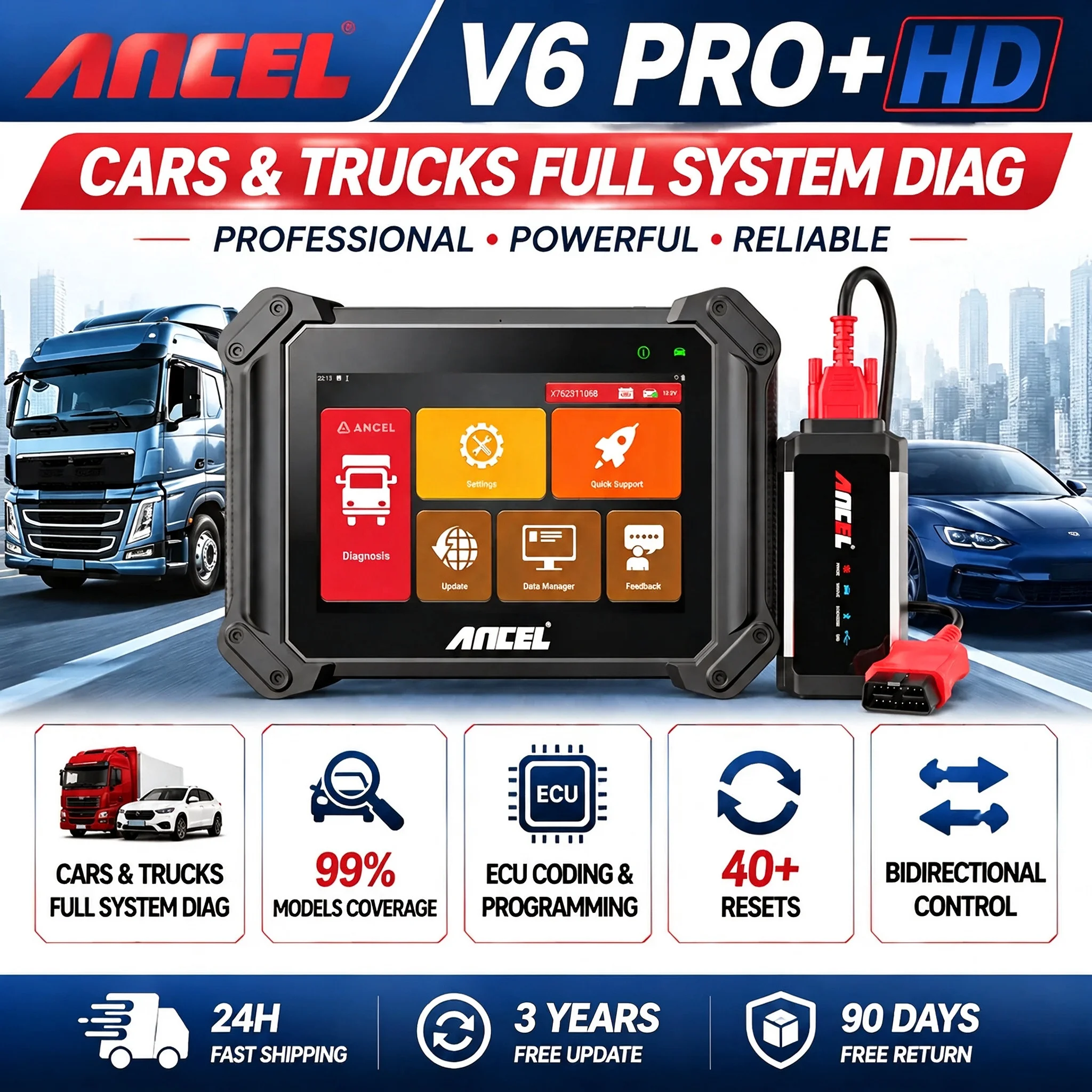 Car Truck Dual Use Car OBD Scanner ANCEL V6 Pro HD Full System Bidirectional ECU Coding 40+ Resets Heavy Duty Diagnostic Tools