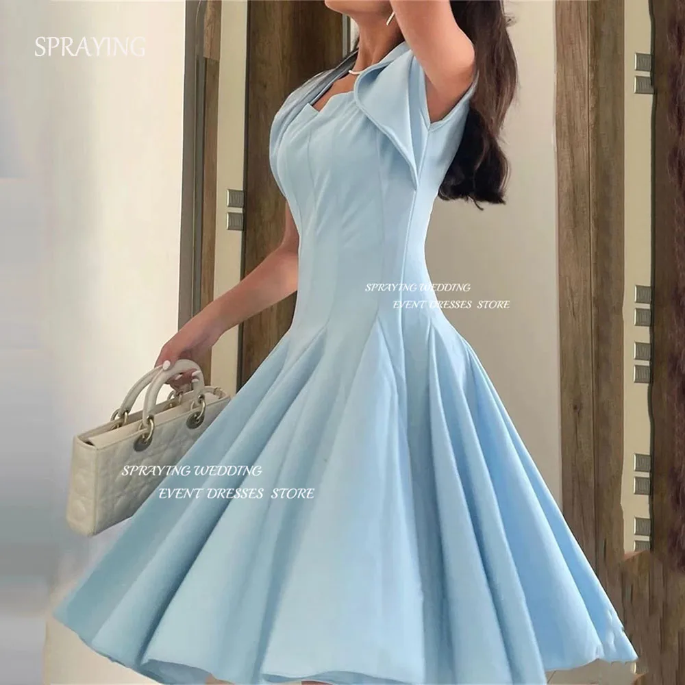 

SPRAYING Blue Short Evening Dresses A-Line Sleeveless Elegant Prom Dresses Knee Length Formal Prom Gowns Saudi Arabric For Women