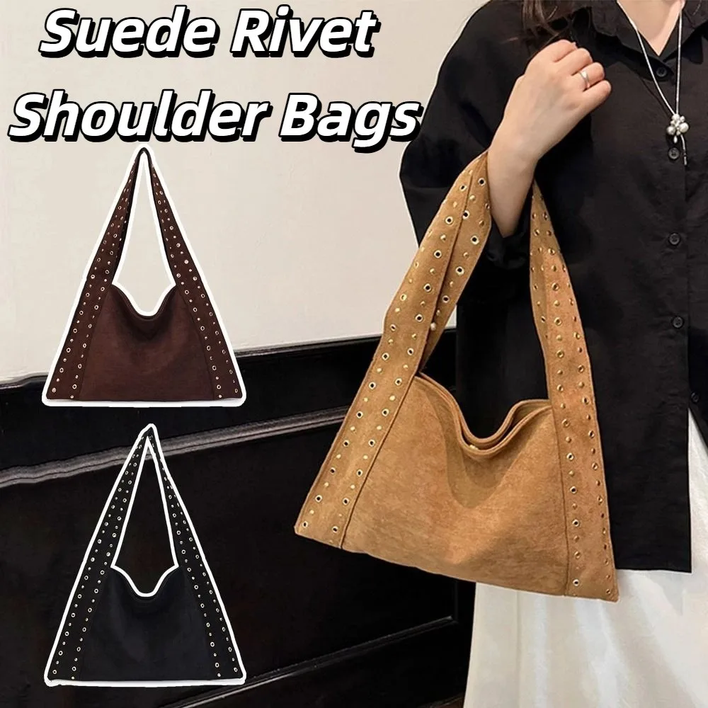 

PU Leather Suede Rivet Shoulder Bags Large Capacity Fashion Design Locomotive Style Underarm Bag Korean Style