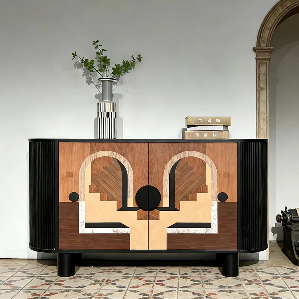 Y*-Modern Luxury Art Deco Sideboard Cabinet Solid Wood Inlay Walnut  Dining Room Buffet Storage Furniture