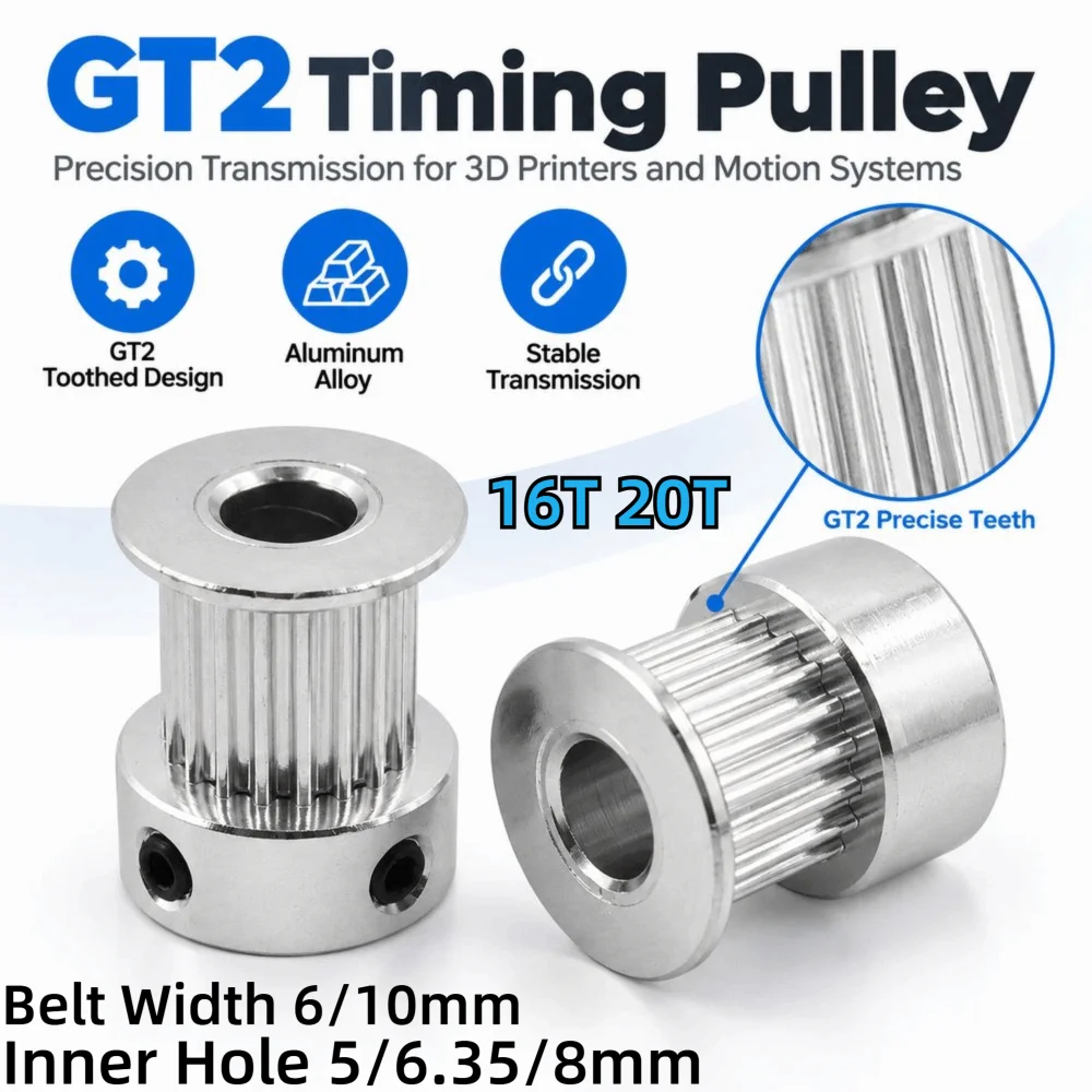 16T 20T GT2 Timing Pulley Inner Hole 5/6.35/8mm Belt Width 6/10mm Synchronous Belt Wheel Toothed Gear Aluminum Alloy