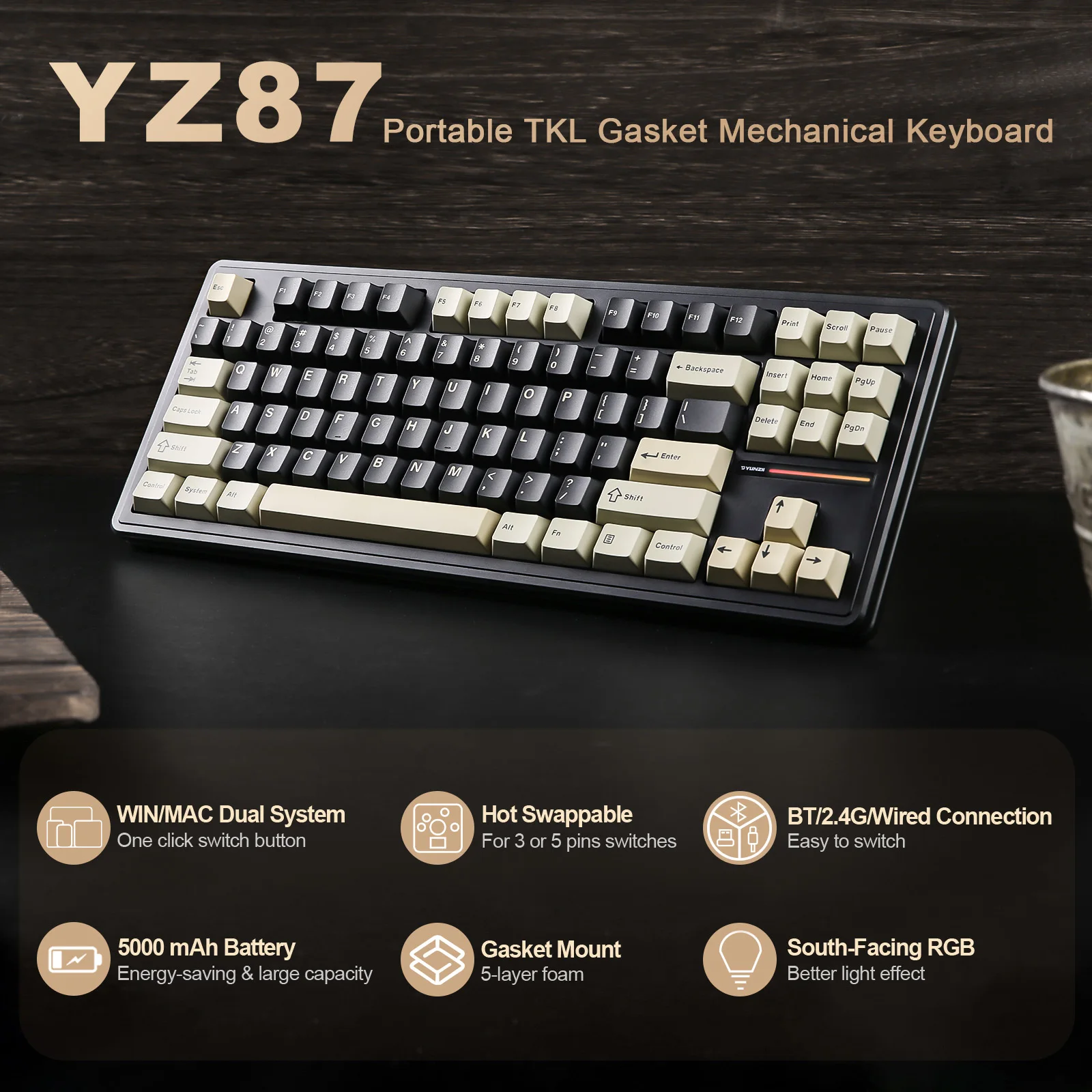 Imagem -02 - Yunzii-teclado Gaming Mecânico sem Fio Teclado Hot Swappable Nkro Rgb Backlit Preto Tkl 75 Junta de 87 Teclas Bt5.0 2.4g Usb-c Yz87