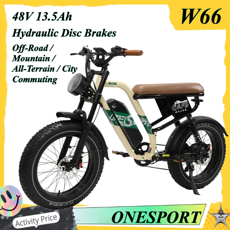 Vélo de montagne électrique ONESPORT W66 500W avec pneus larges, batterie 48V 13.5Ah, pneus 20x4.0, 7 vitesses, suspension intégrale, frein hydraulique, stock UE