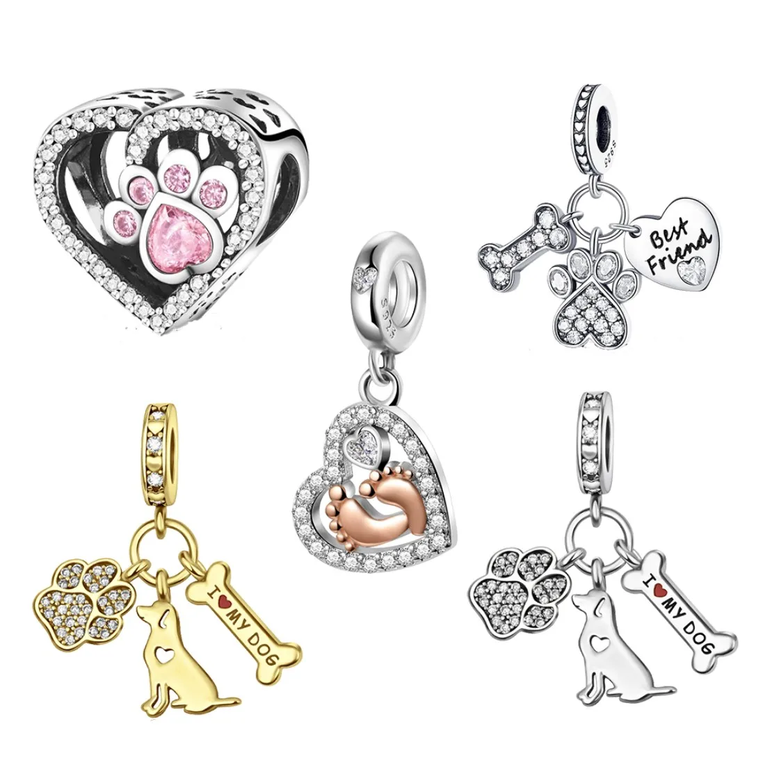 925 Sterling Silver Pendant with Paw Print Beads Compatible with Original Bracelet Necklace for Men and Women DIY Jewelry Gifts