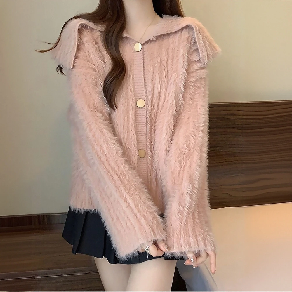 

Women's Soft Waxy Plush Lapel Sweater Long-Sleeved Knitted Cardigan Western Style Warm Thickened Autumn Winter Top