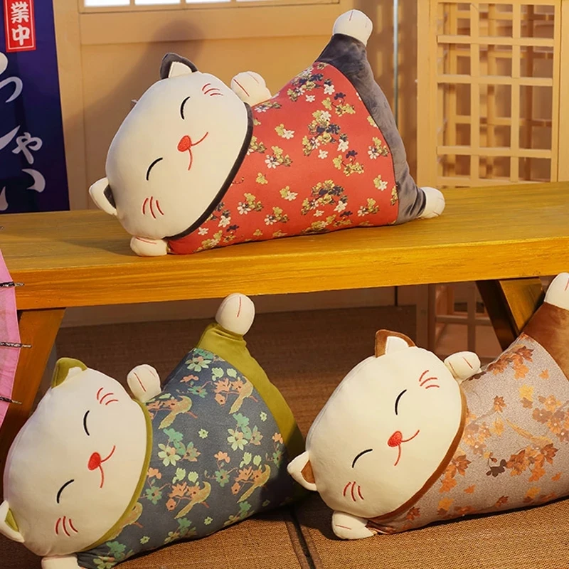 Japanese Style Lucky Cat Pillow Sofa Back Cushion Office Nap Seat Waist Cushion Soft Stuffed Animal Doll Cushion Home Decor Gift