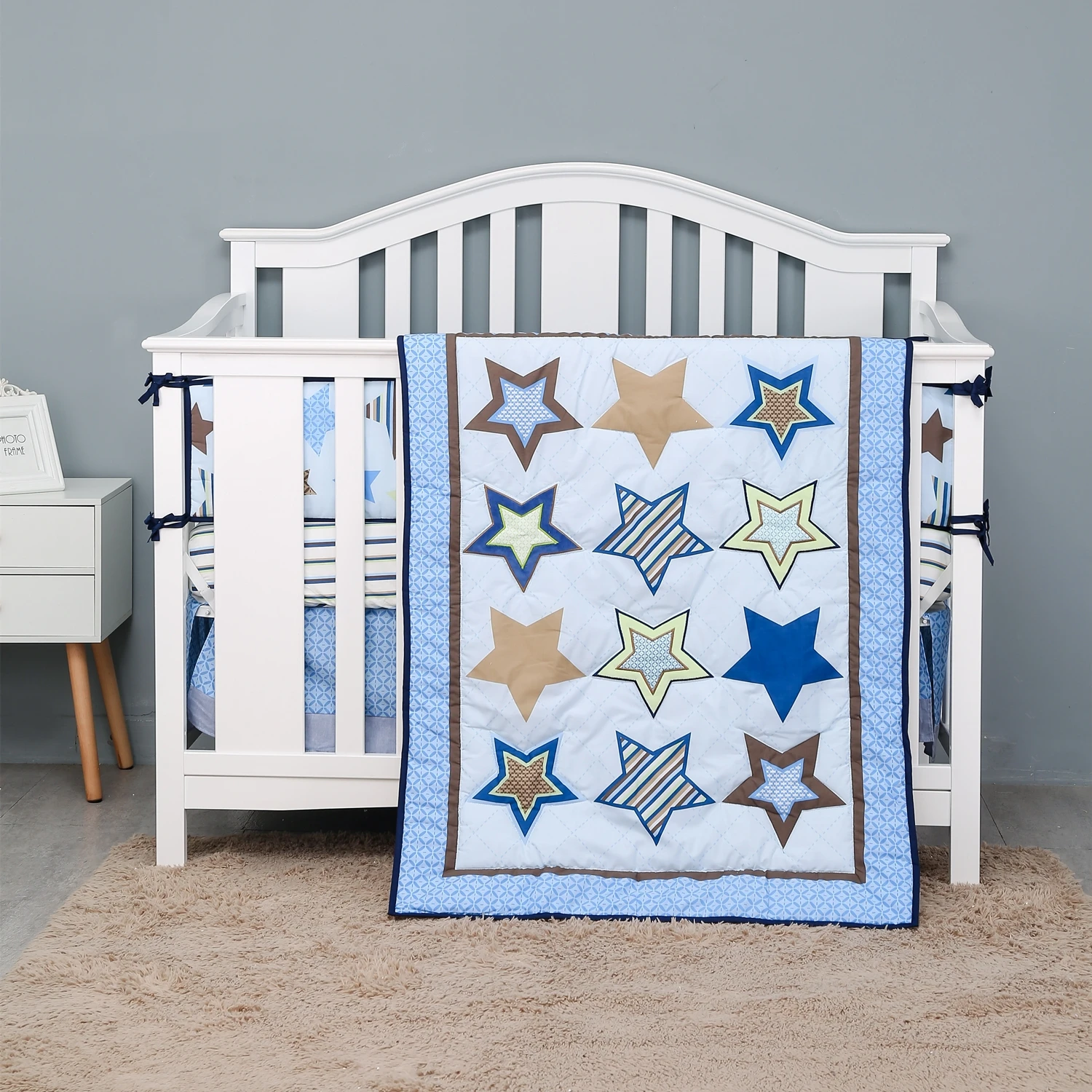 

7Piece Stars Baby Girl Boy Nursery Crib Bedding Set Soft Breathable Toddler Bed Set (4Bumpers+Crib Comforter+Sheet+Crib Skirt)