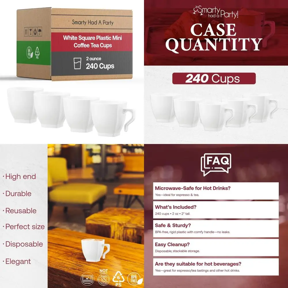 

Disposable 2 oz White Plastic Tea Cups with Handles, 240 Pack, Ideal for Tea Parties, Espresso, and Coffee Events