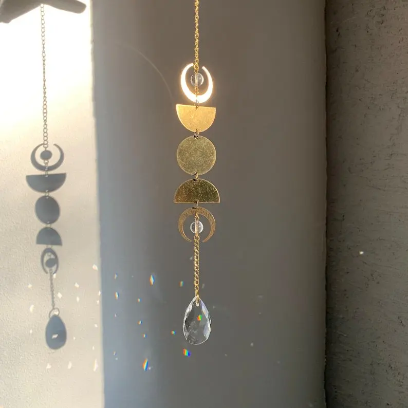 Hanging Ornaments Boho Sun Catcher Handmade Art Crystal Sun Catchers with Gold Chain for Window Wall or Garden Decor Wind Chimes