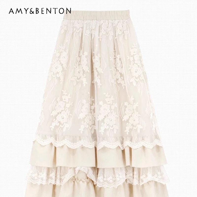 

French Retro Design Beige Lace Trim Women's Skirt 2025 Autumn Winter New Loose Versatile Long Skirts Ladies