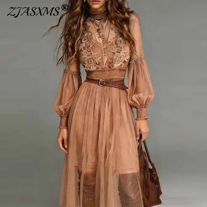 Böhmisches Sexy Besticktes Spitzen-Netzkleid Frühling Elegantes Rollkragen-Hohlkleid für Partys Damen Langarm Maxikleid