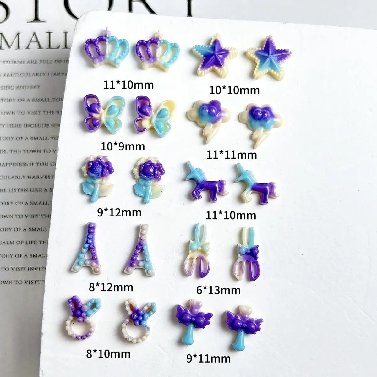 

Double Colors Crown Butterfly Tower Resin Nail Art Decorations 3D Luminous Blue Purple Star Magic Wand Mixed Nail Charms for DIY