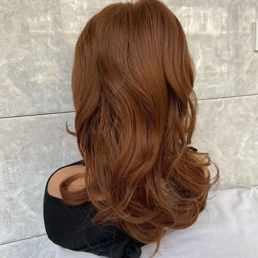 Long Wavy Light Auburn Human Hair Blend Heat Ok Wig Synthetic Women Soft Natural Wigs