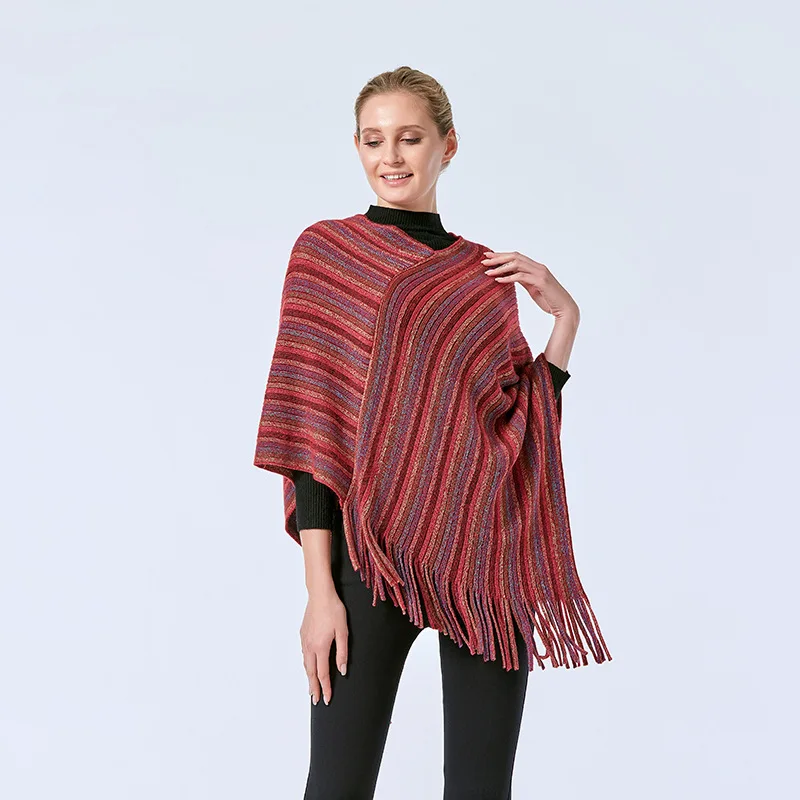 

2022 Spring Autumn Women Coat Shawl Cloak Colored Silk Threat Outer Cape Knitted Coat Color Stripe Pullover Red