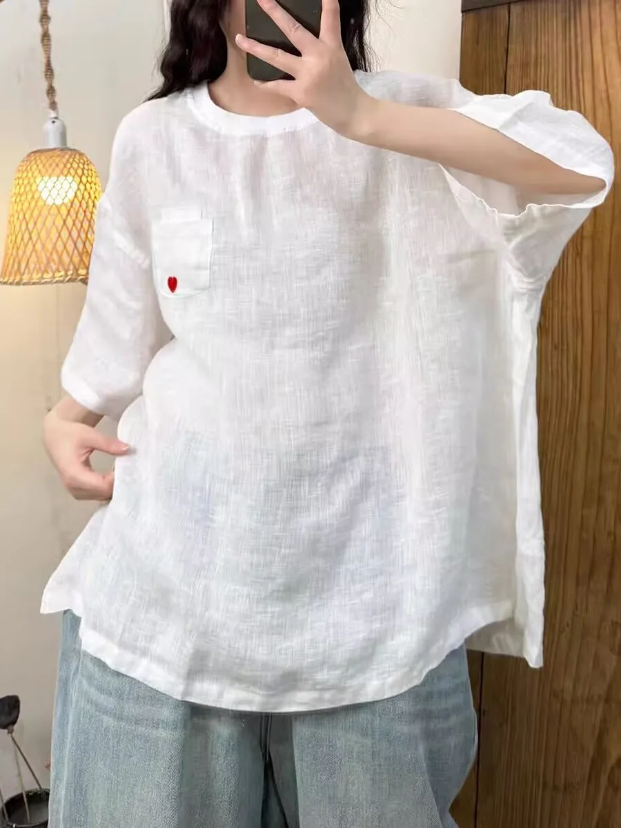 루즈 캐주얼 오버사이즈 라운드 넥 자수 리넨 원피스 한국 스타일 얇은 소재 여름 신상 여성용...