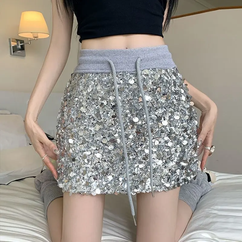 

Short Skirt Sequined High Waist Women Summer Fashion Slimming A-Line Hip-Hugging Short Skirt Hot Girl Shiny Anti-Exposure Skirt