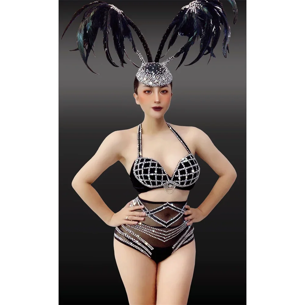 Nieuwe Prestaties Kostuum Zangeres Nachtclub Bar Jurk Perspectief Mesh Sexy Veer Hoofddeksels GOGO Dance Team Show Bikini