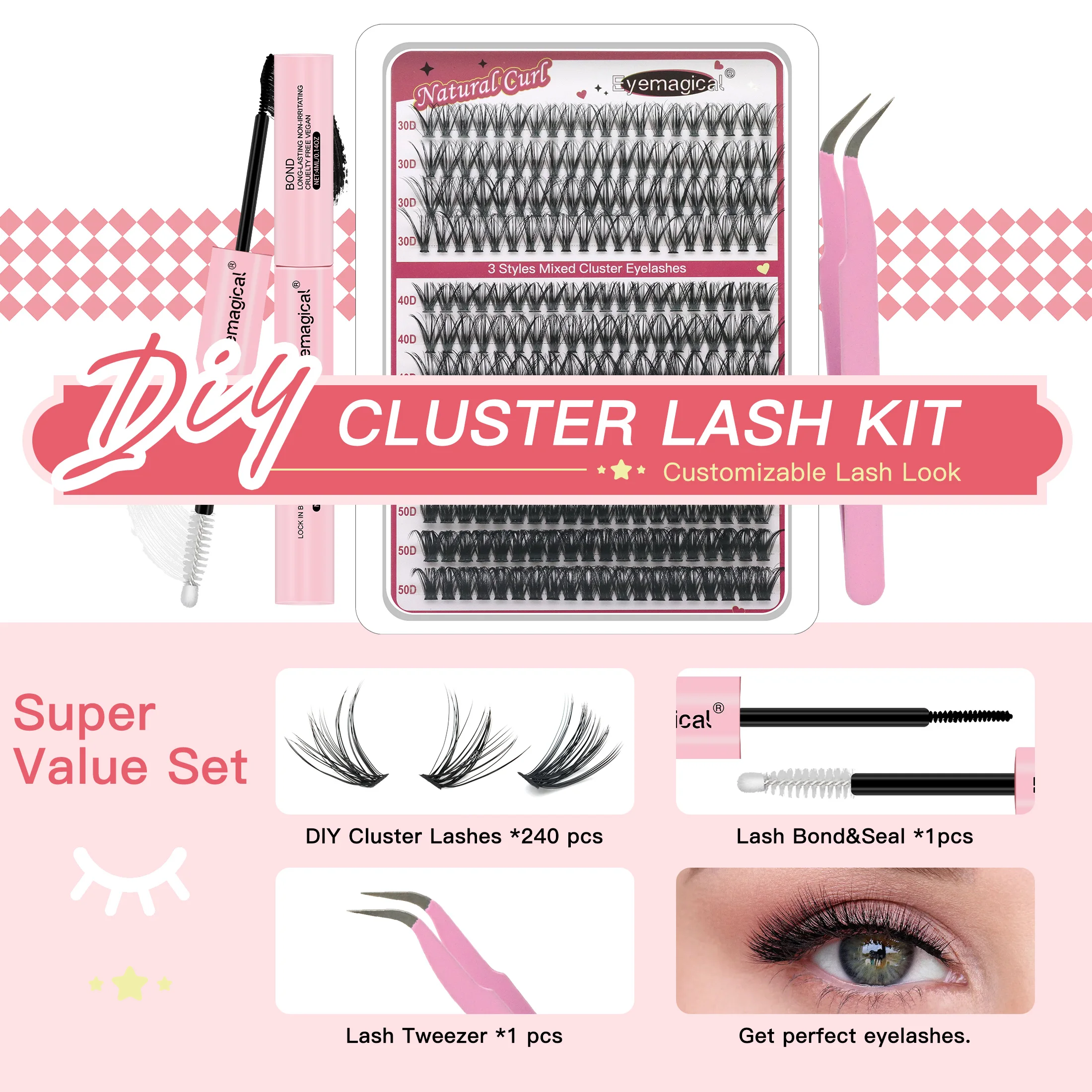 Profesjonalny zestaw do samodzielnego montażu kęp rzęs z klejem, uszczelniaczem i aplikatorem, wysokiej jakości zestaw do przedłużania rzęs metodą kęp, w formie tacki.