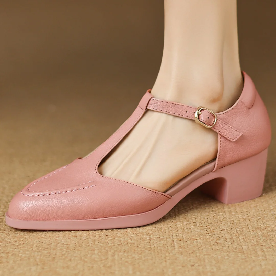 

Женские босоножки из овчины с круглым носком и узким ремешком с Т-образным ремешком, элегантные женские летние тонкие модельные туфли-лодочки на толстом среднем каблуке 4,5 см