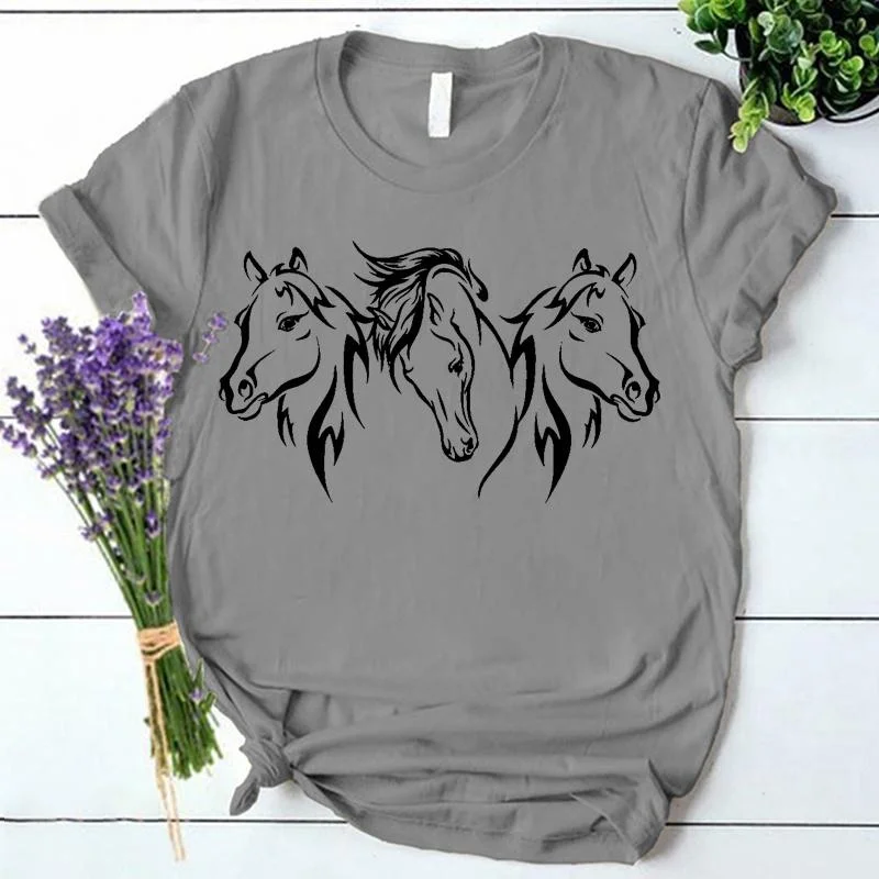 Cute Horse Head Print T-shirts For Women Summer Lovely Short Sleeve Casual T-shirts Funny Ladies Round Neck Tops