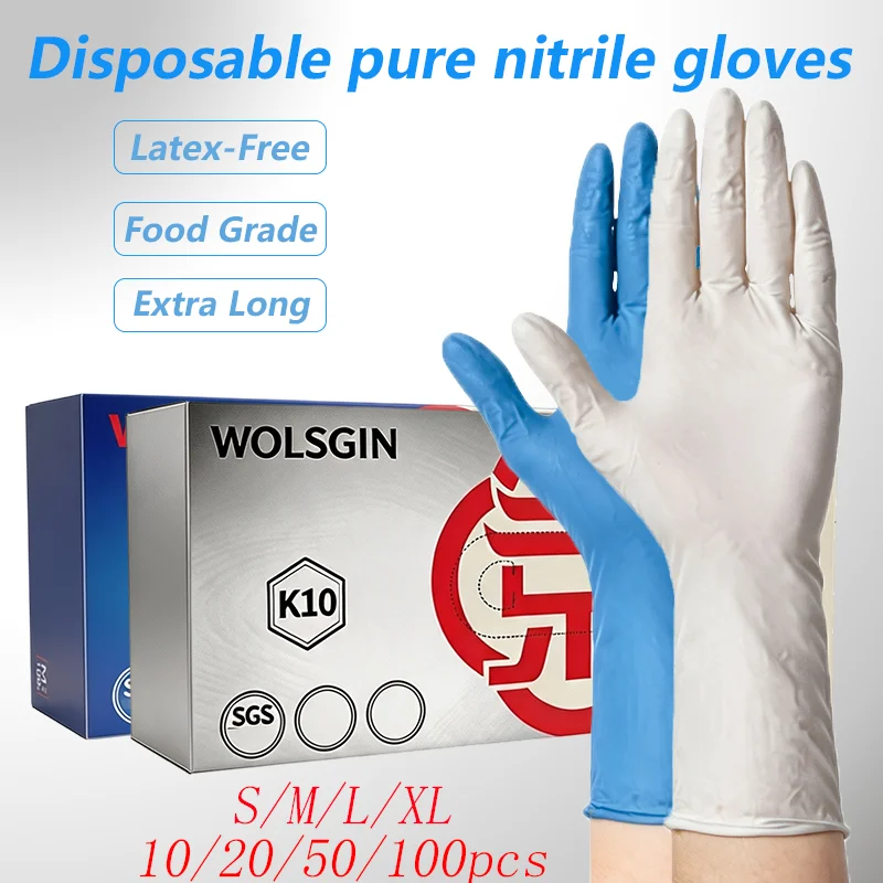 11.4-inch Extra Long Powder-Free Nitrile Gloves, Disposable Blue/White Nitrile Gloves, Perfect for Cleaning and Food Handling