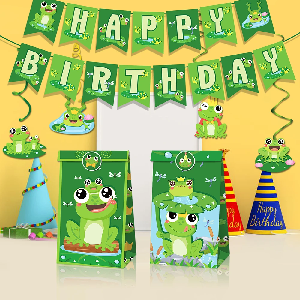 

LB169 12pcs Summer Cute Fairy Tale Cartoon Frog Princess Birthday Party Paper Gift Bags Baby Shower Party Cookies Kraft Bag