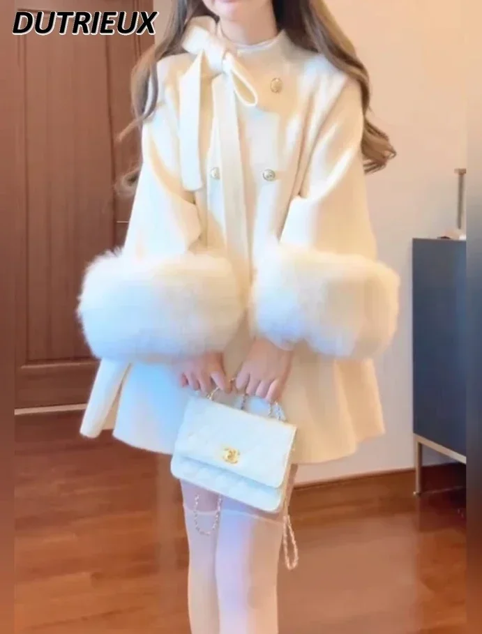 Autumn and Winter Sweet Girl Stand-up Collar Bowknot Double Breasted Woolen Cape Coat Cute White Long Sleeve Mid-Length Jacket