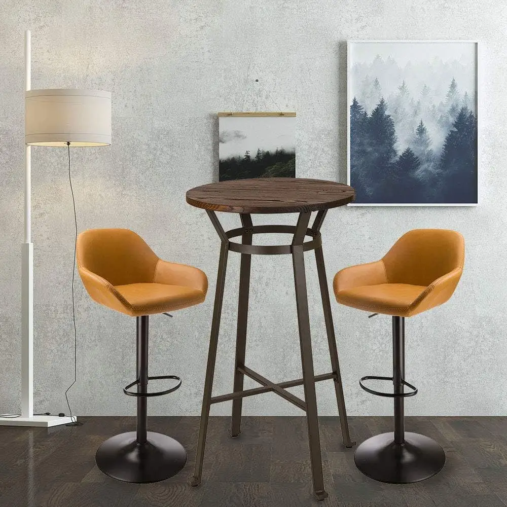 

3-Piece Pub Table and Chairs, Round Bar Height Adjustable Swivel PU Leather Bar Stools Set o 2, Rustic Dining Room Tables or Kit