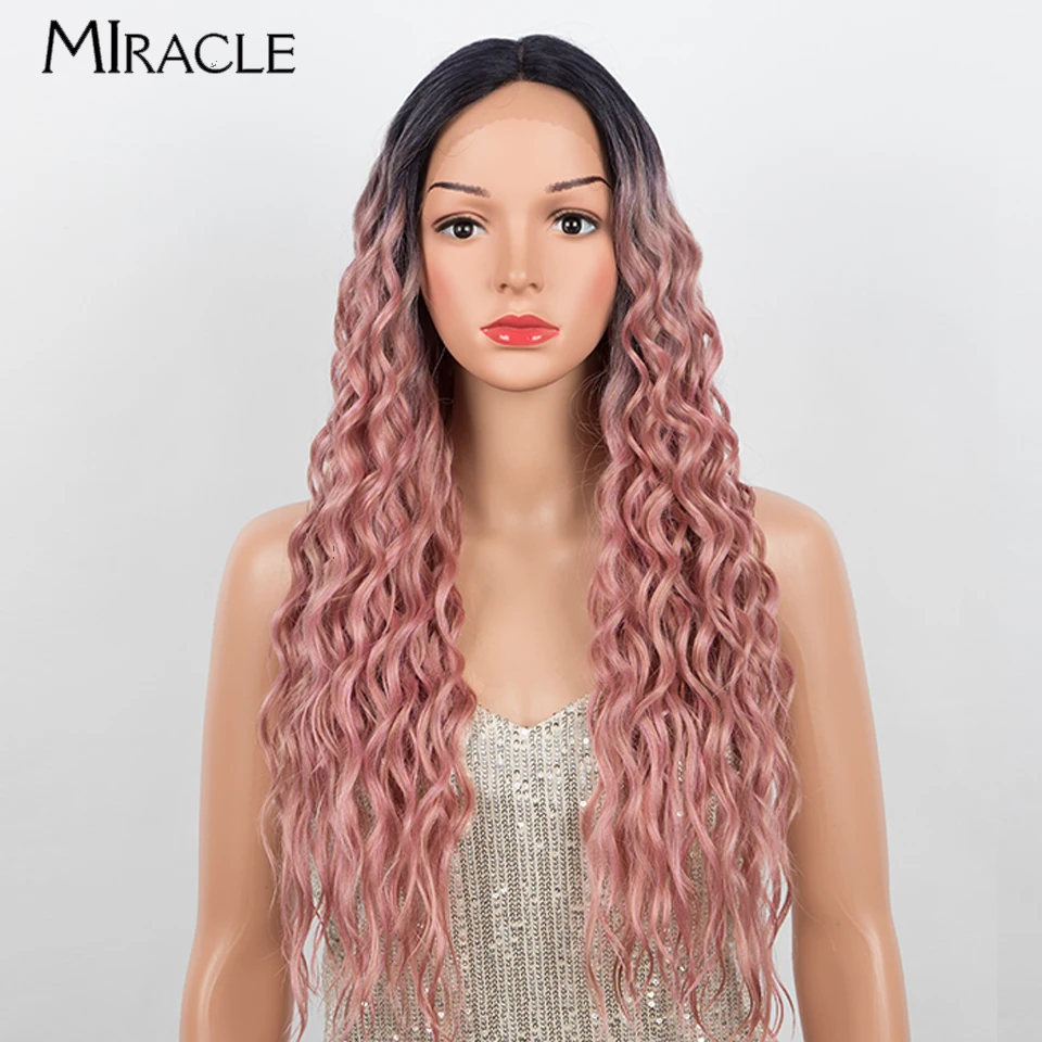 

MIRACLE 27'' Synthetic Lace Front Wig Curly Hair Wigs for Women Ombre Pink Wig Heat Resistant Cosplay Lace Wig Water Wave Hair