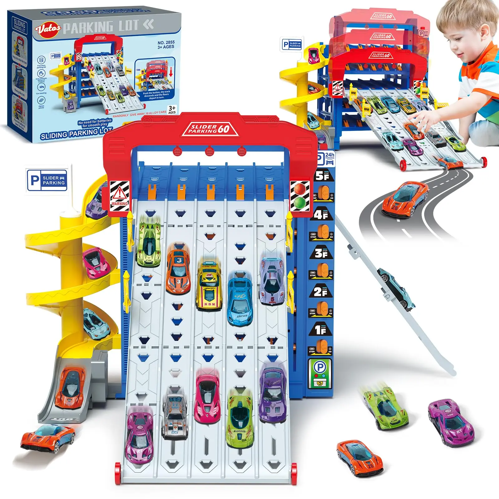 VATOS Sliding Track Truck Car Toy-Parking Toy Storage Track with 10 Cars Ideal Birthday School Year Gift Car Set for Toddlers 3+