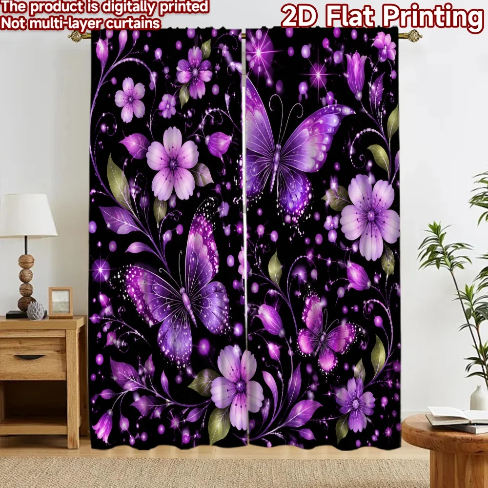 2D flat 2pcs Curtain Retro Country Style Curtains Purple Butterflies and Flowers Durable polyester fiber Party Decorations for