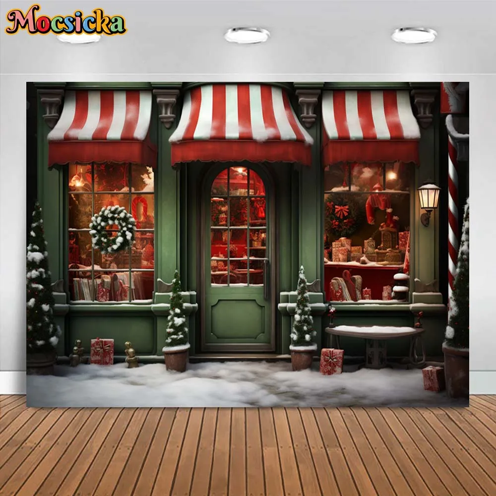 Mocsicka ฉากหลังสำหรับถ่ายภาพวันคริสต์มาสฤดูหนาวร้านของขวัญสีเขียวสำหรับเด็ก
