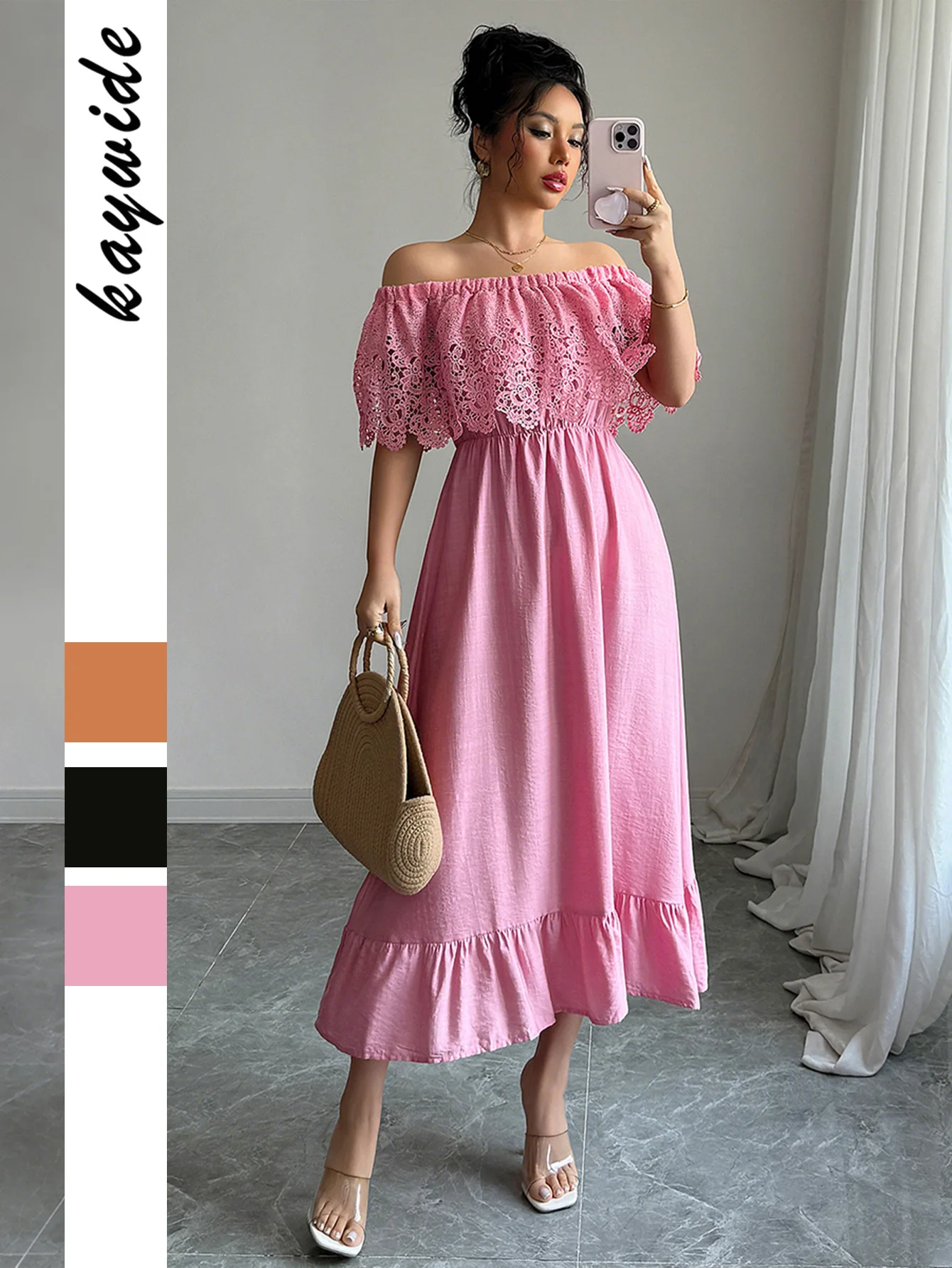 

EINY Women's Elegant Off Shoulder Long Dresses With Lace Crochet Sleeves Maxi Ruffle Hem Formal Party A-Line Maxi Dress Simple