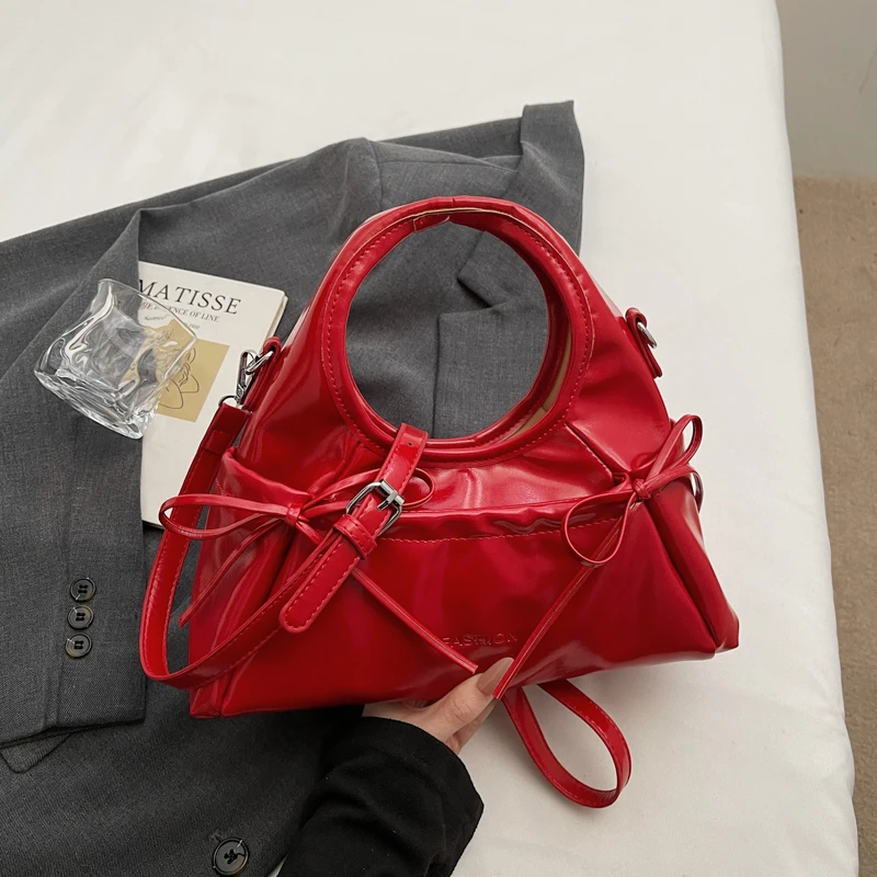 

New Fashionable Handbag Korean Style Sweet Bow Clutch Bag Red Wedding Purse Solid Soft Leather Shoulder Crossbody Bag Ladies