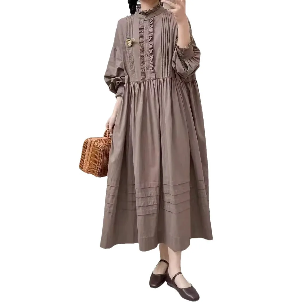 New Summer Cotton Long Sleeve Dresses Woman Stand Solid Mori Girl Casual Sweet Preppy Ruffles Loose Dress 2024 Autumn D47607QC