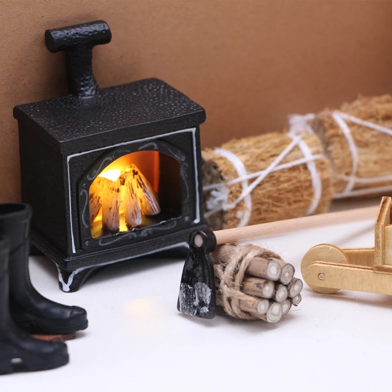 Dollhouse Miniature Furniture LED Lighted Fireplace/Hoe/Straw Bales/Firewood/Wooden Trolley Mini Exquisite Winter Model Accessoy