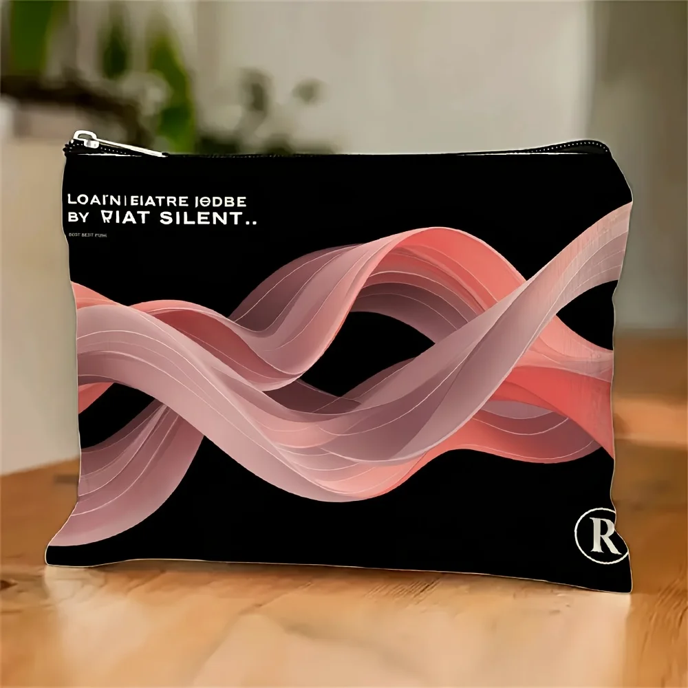 Nowoczesna, minimalistyczna kosmetyczka w kolorze beżowym i czarnym z abstrakcyjnym wzorem fal - wielofunkcyjna saszetka na zamek błyskawiczny, etui na biżuterię.