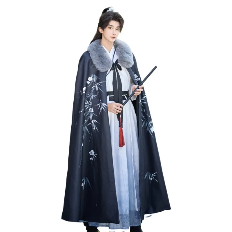 

Original Chinese Style Traditional Chinese Clothing Thickened Velvet Cape Men's Hooded Handsome Antique Fur Collar Warm Cape