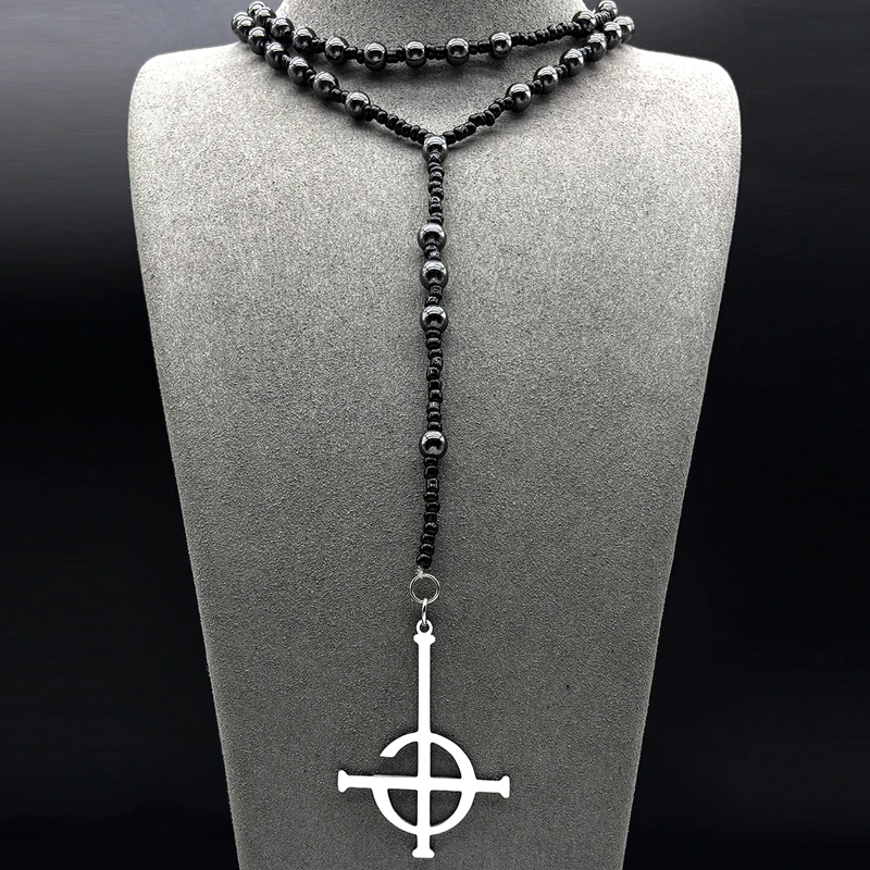Vintage fantasma bc sem nome corrente longa feminino masculino aço inoxidável preto ghoul banda papa emérido símbolo rosário contas jóias