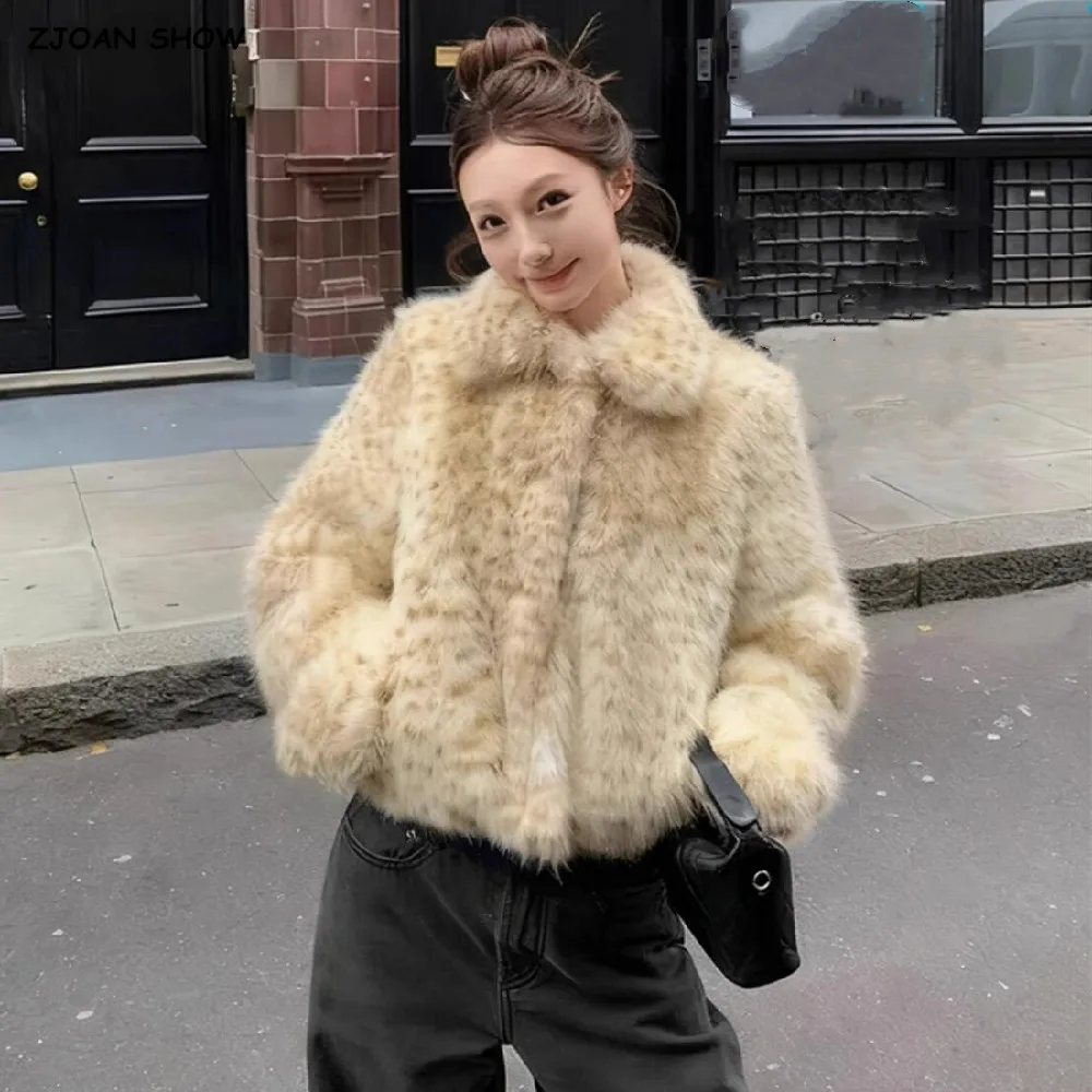New Winter Cute Animal Leopard Dot Faux Rabbit Fur Coat CHIC Women Lapel Collar Long Sleeve Shaggy Warm Jacket Short Outerwear