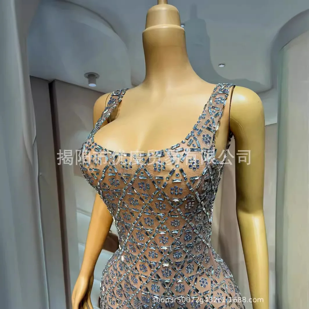 2026 Luxury Rhinestone Sleeveless Mesh Perspective Elegant Cocktail Party Birthday Dress Performance Long Skirt Hexagonal Skirt