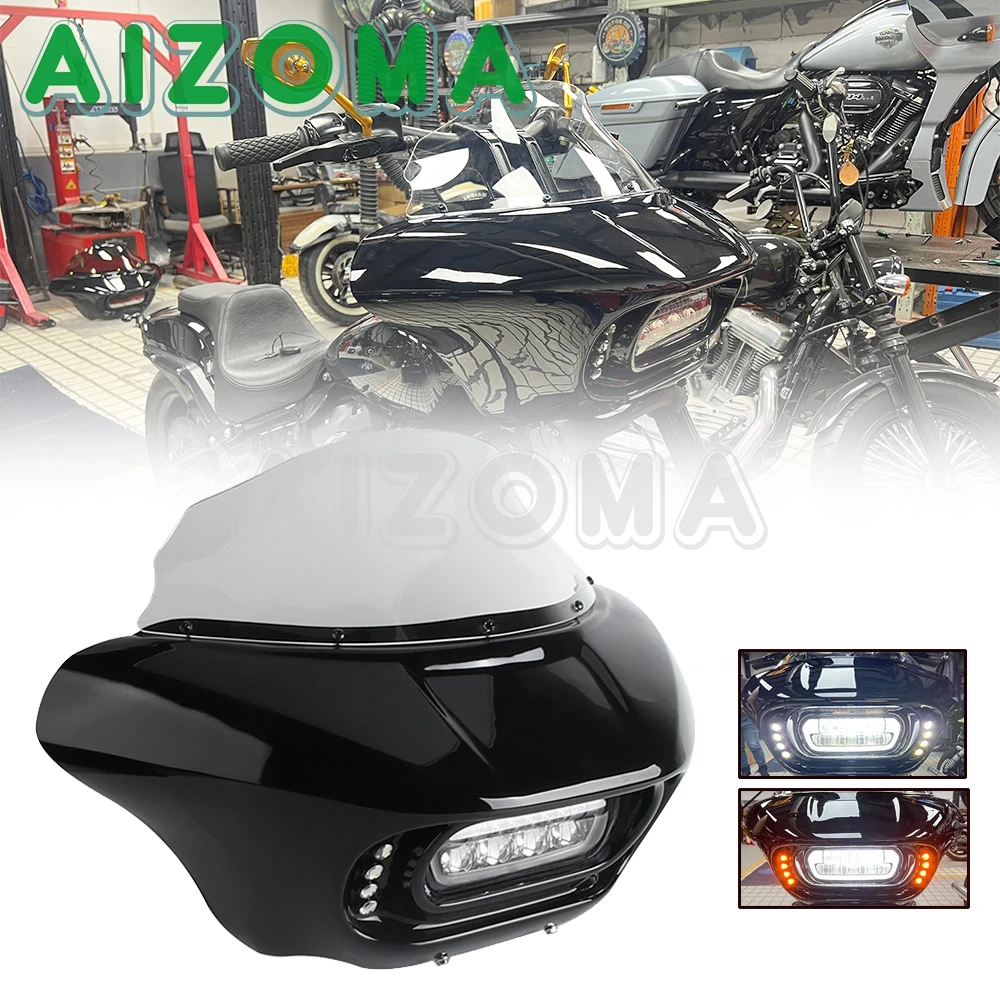 

Shark Club Style Headlight Fairing Front Mask LED DRL Turn Signal Light For Harley Softail M8 Fat Bob FXFB 114 FXFBS 2018-2024