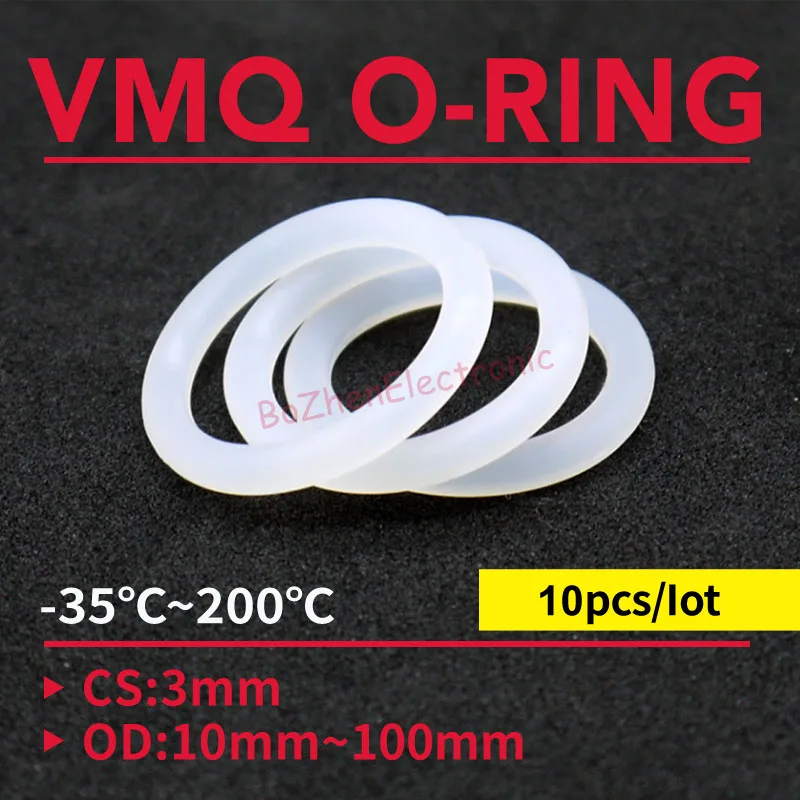 10pcsThickness CS 3mm OD 10 ~ 100mm Silicone O Ring Gasket Food Grade Waterproof Washer Rubber Insulate Round O Shape Seal White