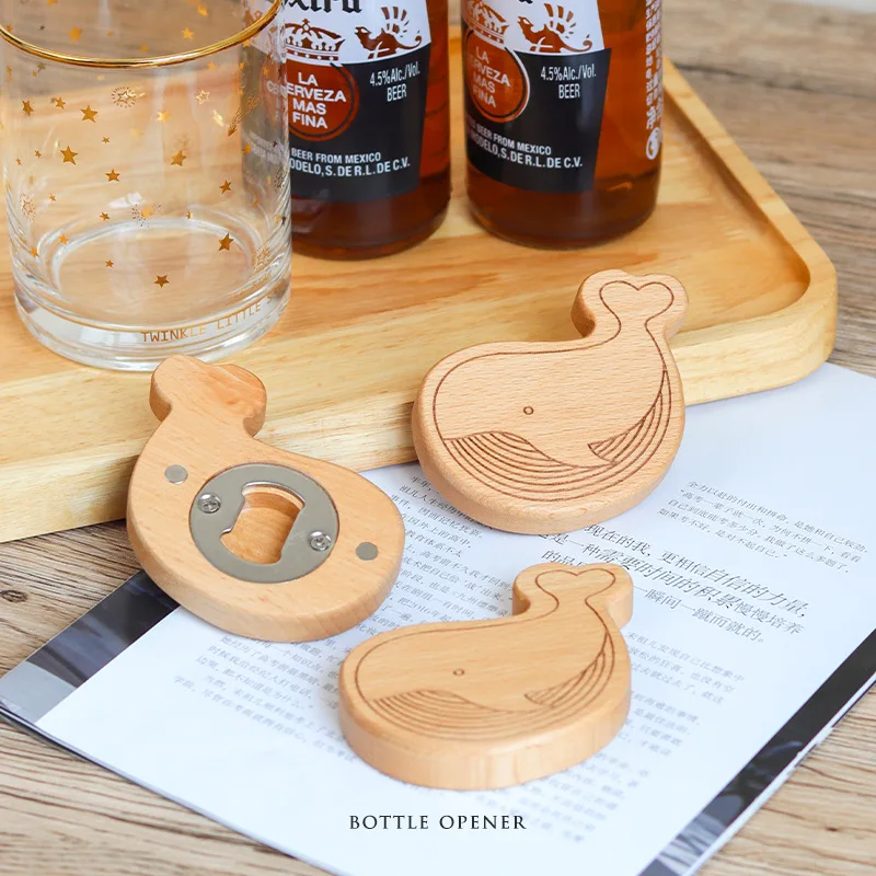 100Pcs/Lot Beech Wooden Whale Shape Bottle Opener Coaster Fridge Magnet Decoration Beer Bottle Opener