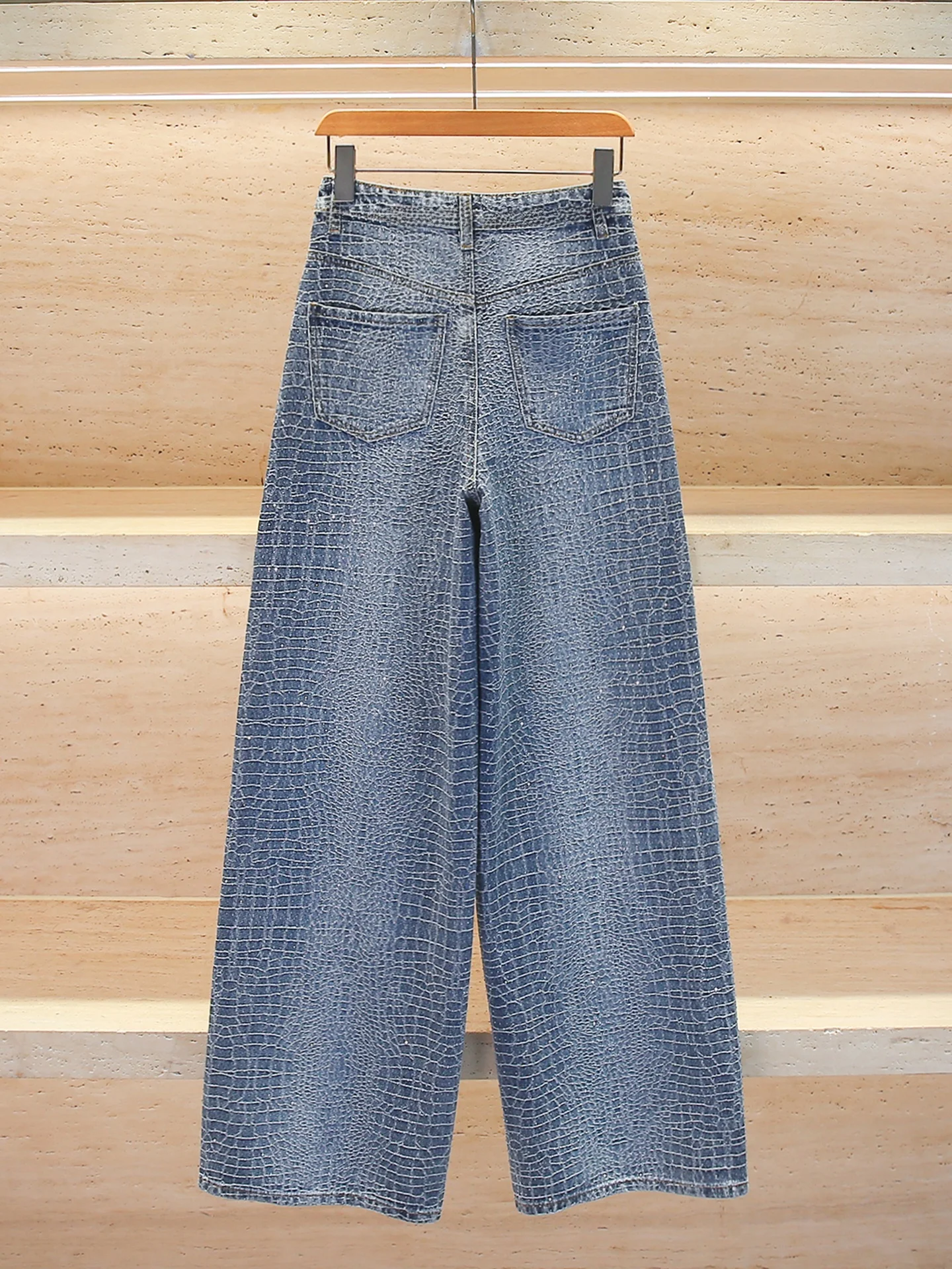 High Waist Denim Jeans Women's Spring Summer Design Sense Iron Diamond Casual Wide Leg Pants Comfortable Fit Blue Color