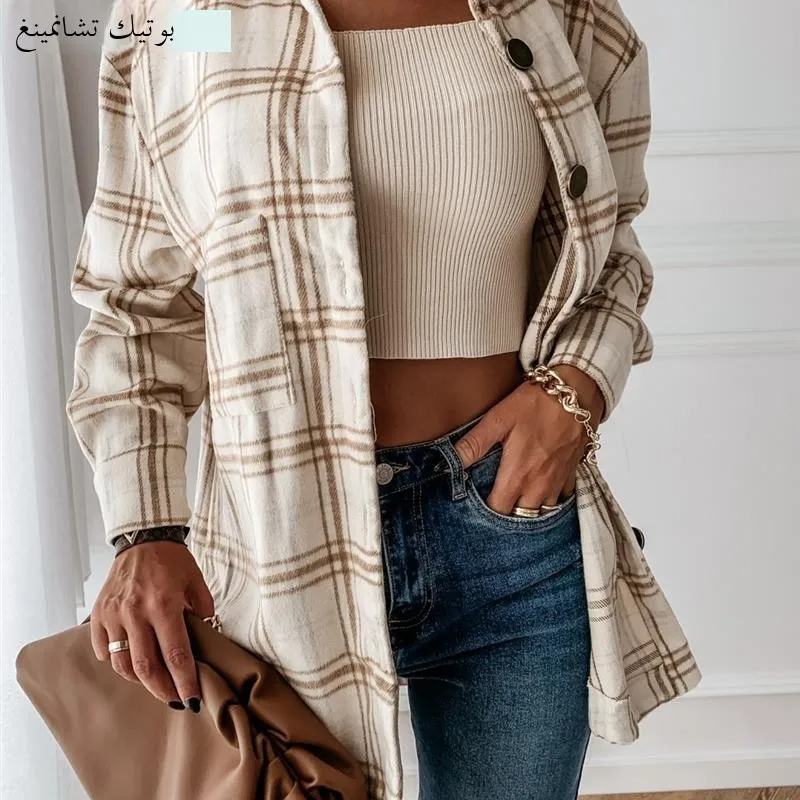 

Vintage Plaid Long Sve irt Jaet Street Sle Loose Fit Decorative Stitching Button Closure Regular Length Autumn Outer...